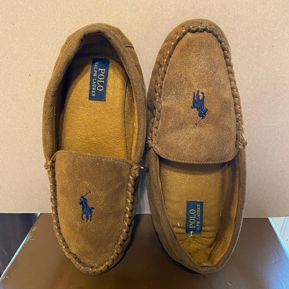 Ralph Lauren Dezi 3 Polo Snuff Brown & Navy Slippe - Picture 1 of 3